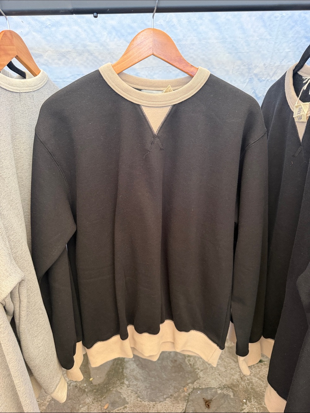 Men's Black Crewneck Sweatshirt with Contrast Cream Trim